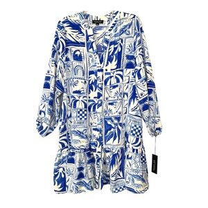 Rachel Zoe Dress Abstract Tile Print Tiered Mini Dress Blue White Size Large NWT